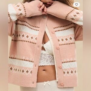 Aerie unREAL Fair‎ Isle Button-Front Cardigan - Pink/Cream - Large